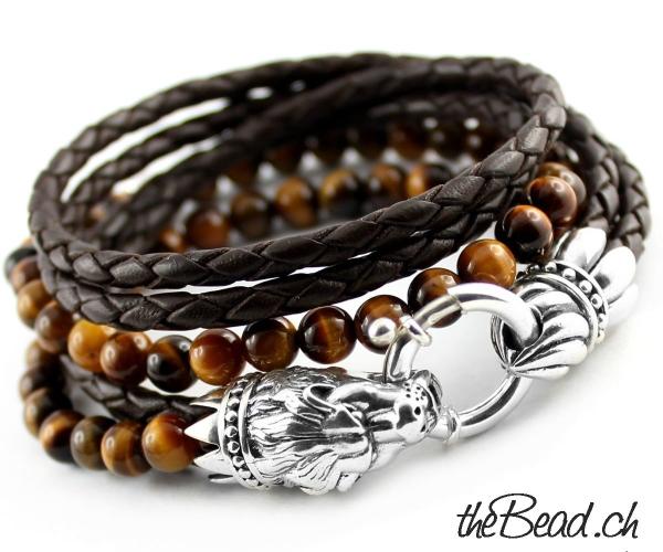 Massiver Silberschmuck Löwe aus 925er Silber und Leder sowie Tigeraugen Perlen Herren Armband