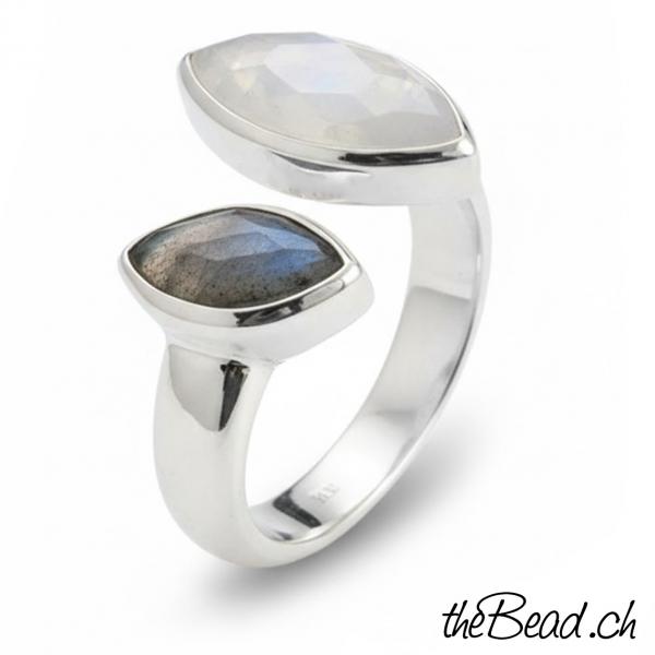 Silber Fingerring mit  mondstein edelsteinen und grünem amethyst sowie bergkristall