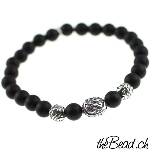 matte finish beads in black bracelet with silver beads adjustable