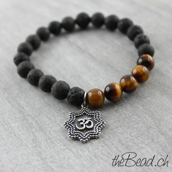 Yoga Buddha 925 Silber Anhänger mit Lavaperlen und Tigeraugenperlen