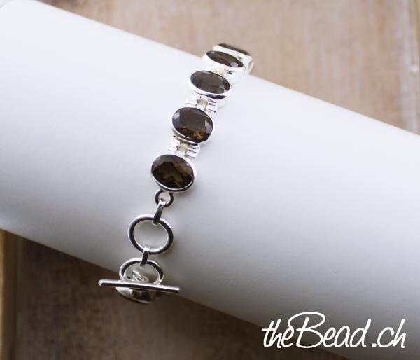 smoky quartz stone silver bracelet