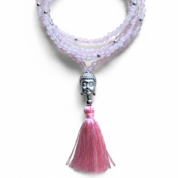 rosenquarz steinkette mit silber buddha anhänger und quaste