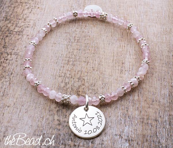 rose quartz bead bracelet with engraving perdant