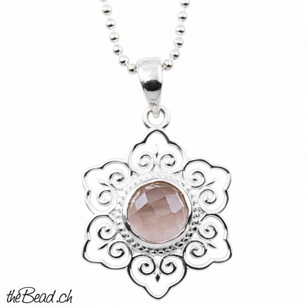 Silber Halskette mit Rosenquarz Anhänger