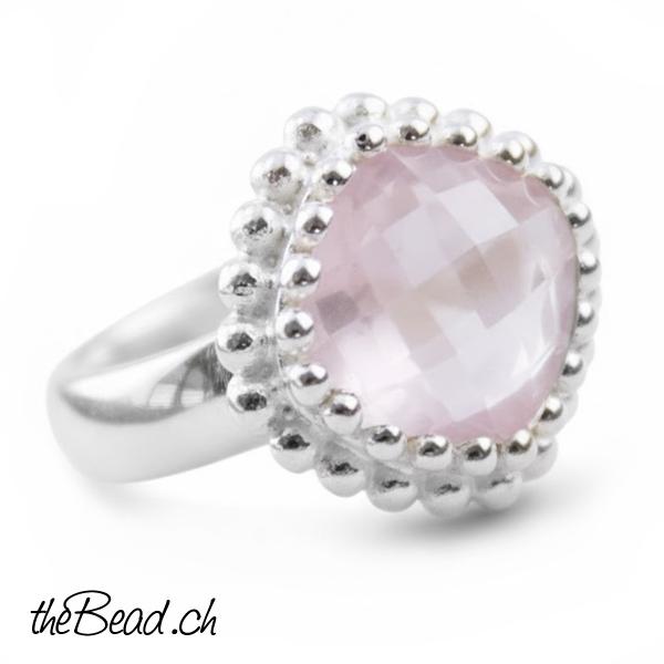 Silber Fingerring mit  rosenquarz edelsteinen