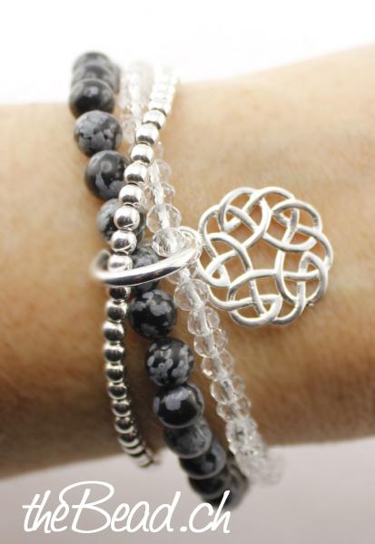 snowflake obsidian and silver beads bracelet