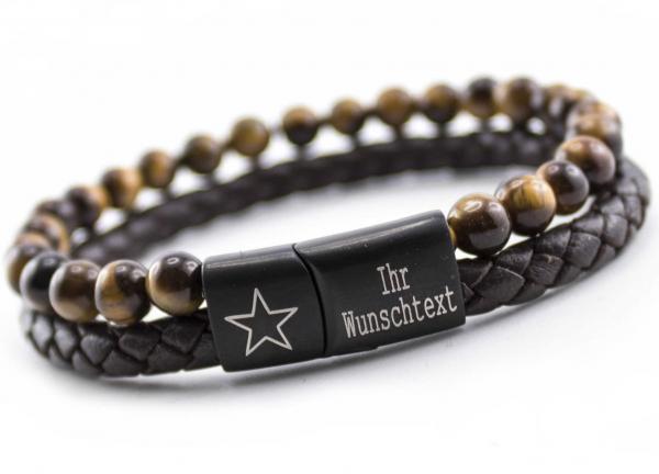 Herren Symbolarmband Traver Leder Edelstahl Tigeraugen dunkelbraunes Herren lederarmband mit magnetverschluss gravur