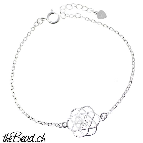 venusblume silberarmband mit symbol und om zeichen mit verlängerungskettchen