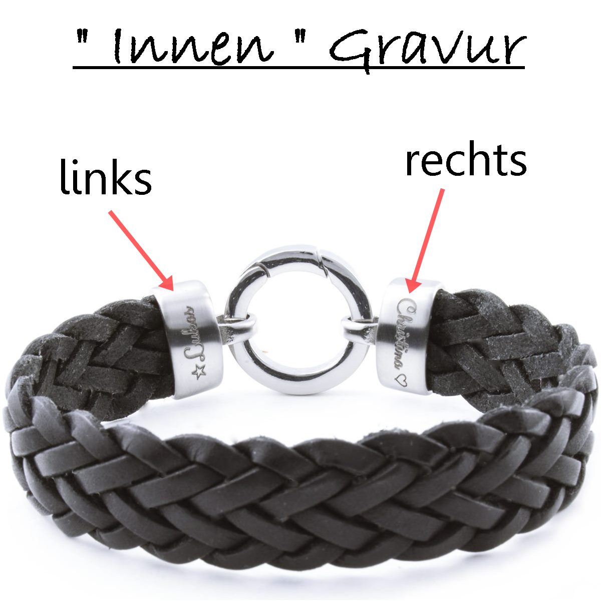  Herren Lederarmband schwarz mit Edelstahl Verschluss & Gravur